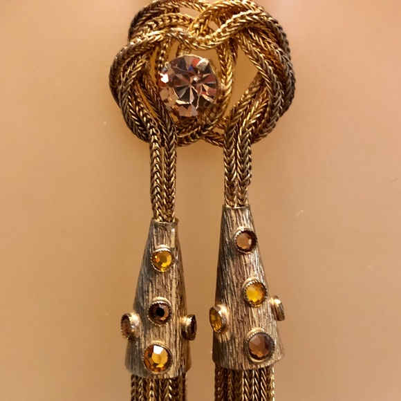 Vintage Gold Crystal Rhinestone Tassel Necklace - Picture 5 of 9